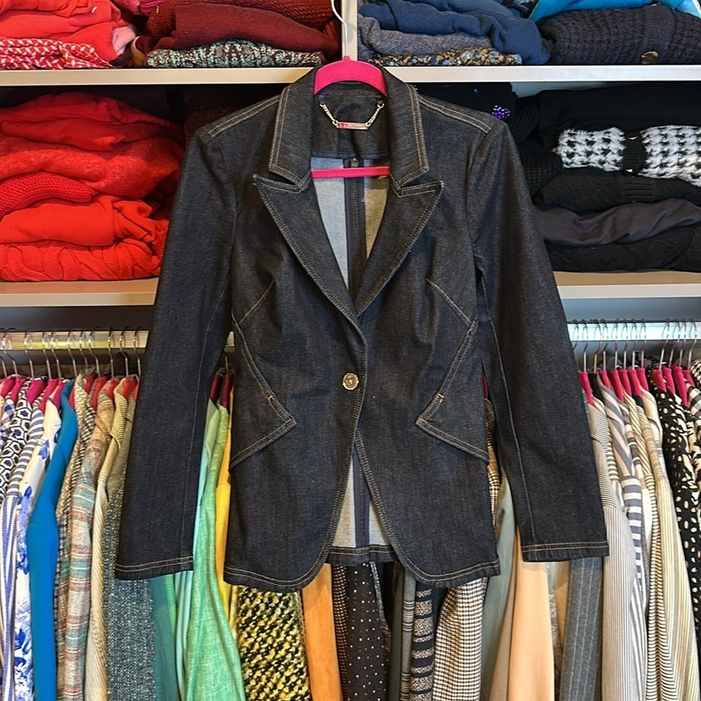 WHBM dark blue one button jeans blazer jacket size 2